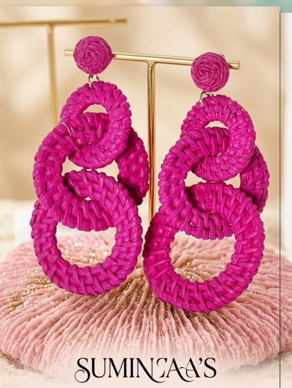 Sun Star Fashion Women's Fuchsia Woven Raffia Circle Link Statement Earrings